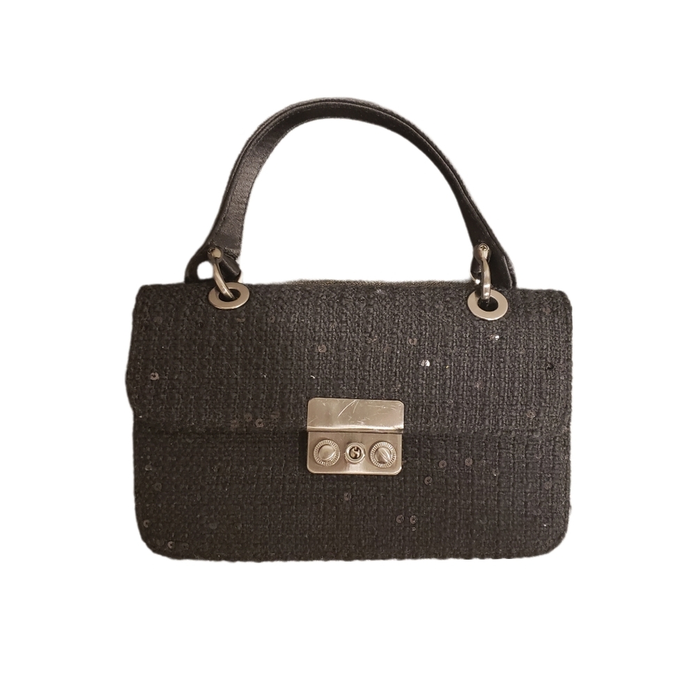 Ann Taylor Black Tweed Sequin Flap Accordian Triple Pouch Mini Hand Bag Purse